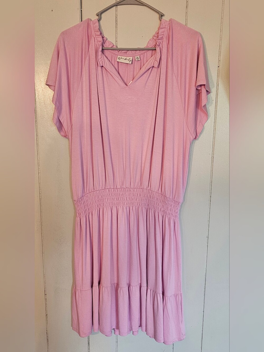 Wonderly Pink V-Neck Shirred-Waist Mini Dress